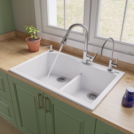 ALFI BRAND White 33" Dbl Bowl Drop In Granite Composite Kitchen Sink AB3320DI-W